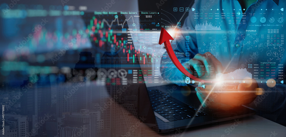 Aufkleber Businessman working with Business Analytics Data Management System on smartphone and laptop computer virtual report with KPI and metrics connect database.Corporate strategy for financeDouble exposure.