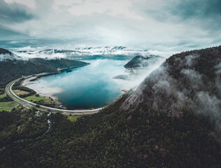 Aerial View of a Forest with coast in Norway