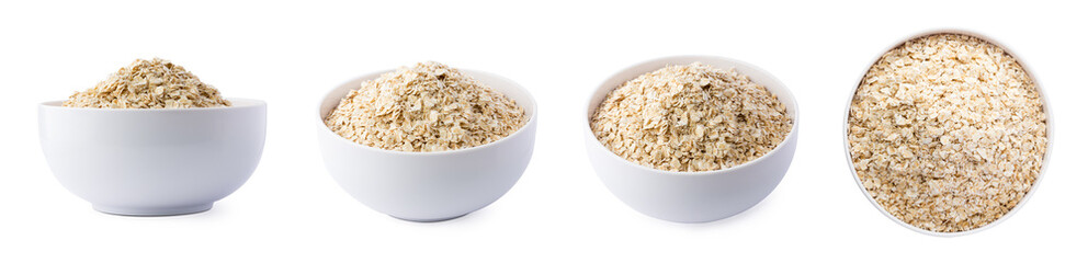 set of dry common oatmeal in a bowl, popular healthy cereal grainy food isolated on white...