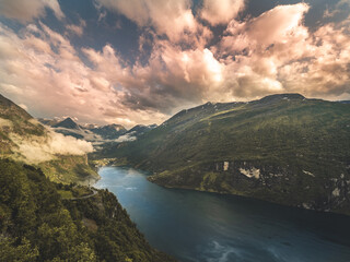 Geiranger Fjord in Norway with Sunset scenery