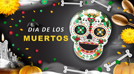 Dia de los Muertos background with bone and pumpkin.