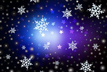 Fototapeta na wymiar Dark Pink, Blue vector background with xmas snowflakes, stars.