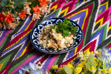 Olivier salad on an oriental background