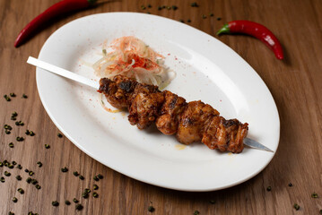 meat kebab on a stick in a white plate with onions