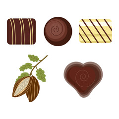 A set of their chocolates and sprigs of cocoa beans on a white background