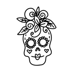 Cute skull decorated with flowers . Vector 