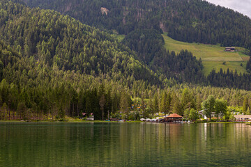 Fototapeta na wymiar View of Toblacher See, lake in the north Italy.