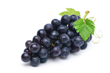 Black grape cluster with leaves  isolated on white background.
