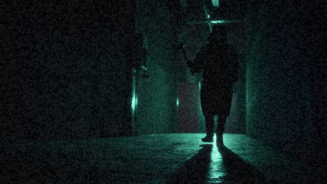 Old tv screen showing maniac walking with axe with glitch effect. Mystical scary murderer going to kill, carrying murderous weapon. Halloween costume. Horror film concept. Haunted house movie.