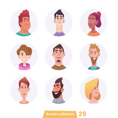  Collection of people avatars isolated. Adults and young people at round frame. Set different cartoon person portrait.