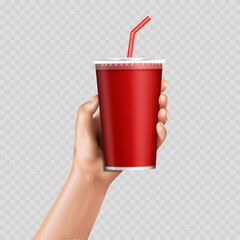 Hand holding a red glass. Vector mockup.