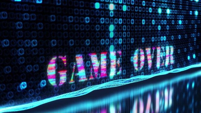3D animation of Game Over colorful text word flicker light animation loop with digital effect background 4k 3d seamless looping Game Over glitter effect element for intro, 
