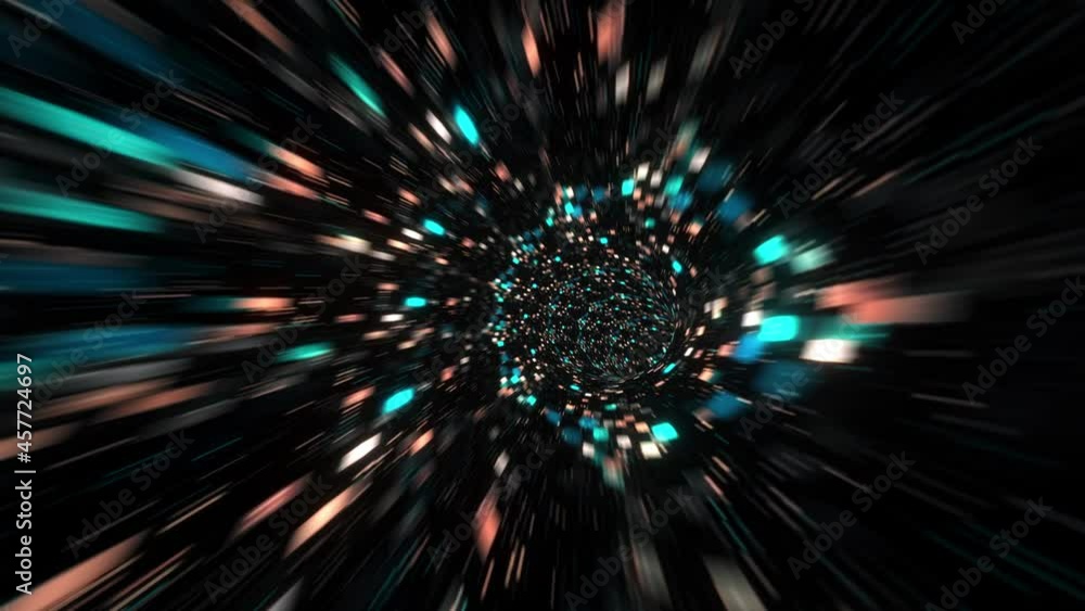 Poster abstract loop flight into dark blue gold digital lights, neon glowing rays in motion digital technol