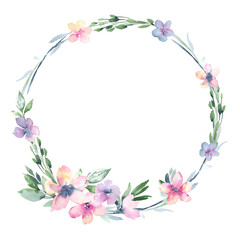 Watercolor wreath frame with delicate abstract flowers