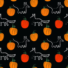 Halloween pattern ghosts foxes and orange pumpkins on the field