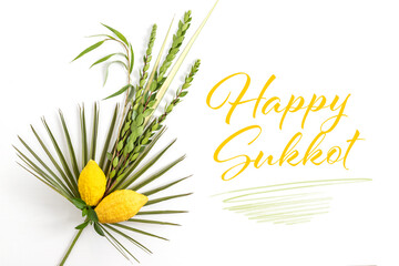 Happy Sukkot card. Traditional symbols (The four species): Etrog (citron), lulav (palm branch), hadas (myrtle), arava (willow)