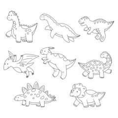 Cute coloring dinosaur dino for kid  books. Cartoon children game. Black and white flat vector illustration isolated on white background. © Valentina