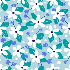 Seamless floral pattern with white flowers, tulips, leaves and dots on blue background. Modern flowers.