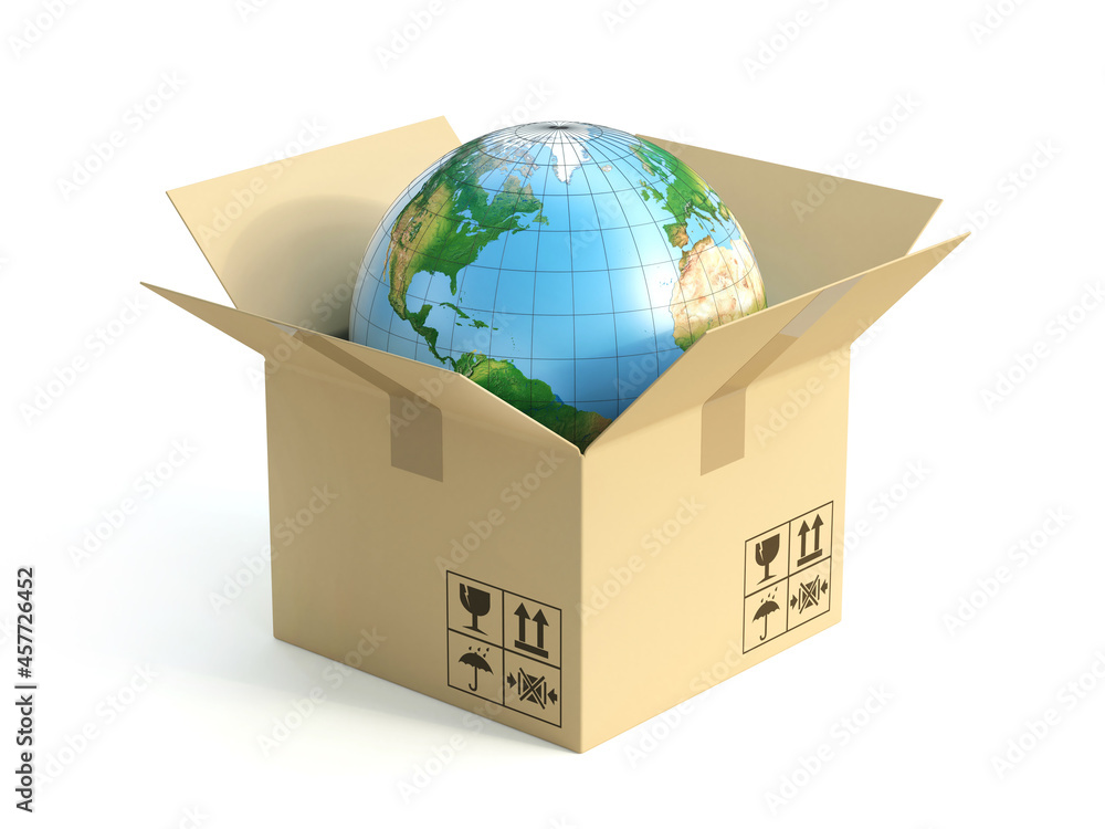Poster globe inside cardboard box 3d rendering