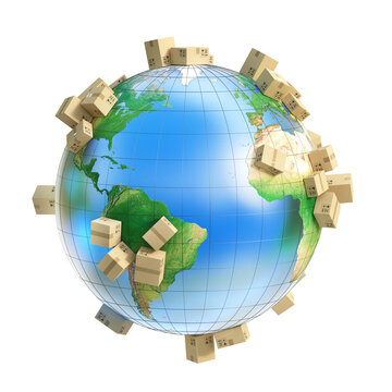 Cardboard boxes delivered around the world - global shipment 3d rendering