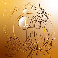 Zodiac sign. Vector illustration of Capricorn as a girl with flowers. Horoscope symbol on square background