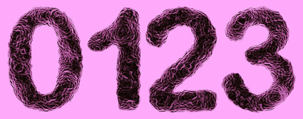 Microscopic view of bacteria in shape of digits 0, 1, 2, 3 on violet background. Set of 3D numbers for microbiology, science research or bacterial infection concepts. Vector illustration. Pt.1 of 2