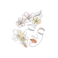 Female face line art with sakura flowers. Woman drawn continuous style, vector liner for cosmetic business