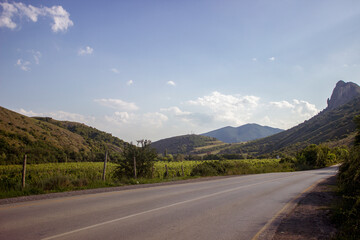 A frog mountain against a blue sky with clouds at the foot of the road and yellow sunflowers at it.