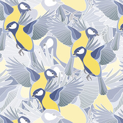 Naklejka premium Seamless background. Beautiful tits. Yellow-blue little birds. 