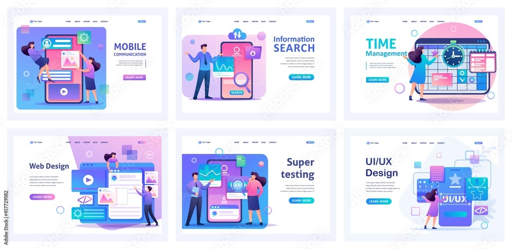 Poster collection of landing pages. process management. device testing, mobile apps, time management, desig