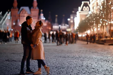 Washable wall murals Moscow couple in love in moscow night winter, young family evening in winter moscow, autumn style
