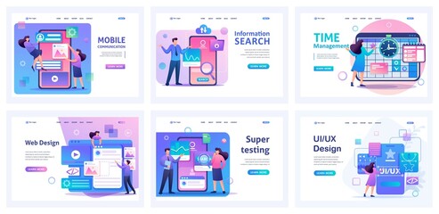 Collection of landing pages. Process management. Device testing, mobile apps, time management, design development. 2D characters