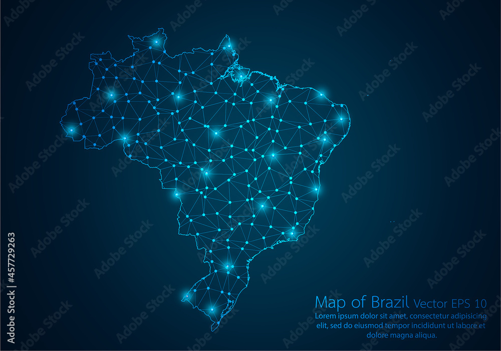 Wall mural abstract mash line and point scales on dark background with map of brazil.3d mesh polygonal network 