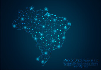 Abstract mash line and point scales on dark background with map of Brazil.3D mesh polygonal network line, design sphere, dot and structure. Vector illustration eps 10.