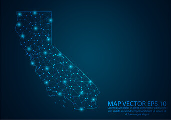 Abstract mash line and point scales on dark background with map of California.3D mesh polygonal network line, design sphere, dot and structure. Vector illustration eps 10.