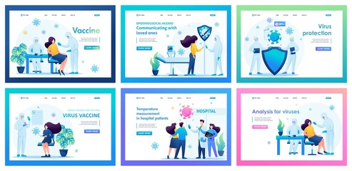 Collection of landing pages. Work of medical personnel during the epidemic, vaccines, vaccination of the population, immunity. 2D characters