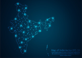 Abstract mash line and point scales on dark background with map of India.3D mesh polygonal network line, design sphere, dot and structure. Vector illustration eps 10.
