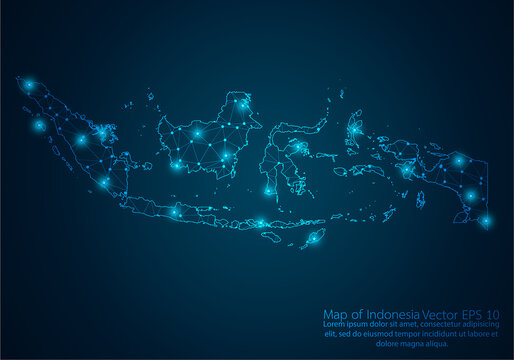 Abstract mash line and point scales on dark background with map of Indonesia.3D mesh polygonal network line, design sphere, dot and structure. Vector illustration eps 10.
