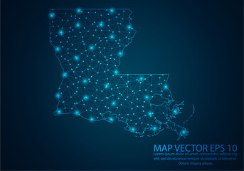 Abstract mash line and point scales on dark background with map of Louisiana.3D mesh polygonal network line, design sphere, dot and structure. Vector illustration eps 10.