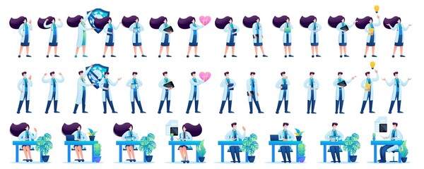 Large set of people. Medical staff, doctors men and women, different poses and actions of people to create vector illustrations. 2D Characters