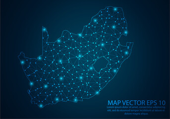 Abstract mash line and point scales on dark background with map of South Africa.3D mesh polygonal network line, design sphere, dot and structure. Vector illustration eps 10.