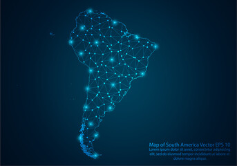 Abstract mash line and point scales on dark background with map of South America.3D mesh polygonal network line, design sphere, dot and structure. Vector illustration eps 10.