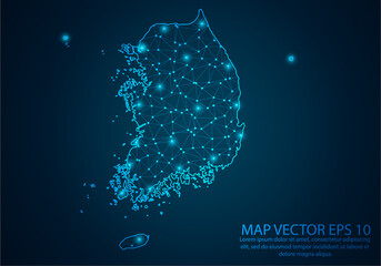 Abstract mash line and point scales on dark background with map of South Korea.3D mesh polygonal network line, design sphere, dot and structure. Vector illustration eps 10.