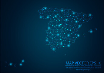 Abstract mash line and point scales on dark background with map of Spain.3D mesh polygonal network line, design sphere, dot and structure. Vector illustration eps 10.