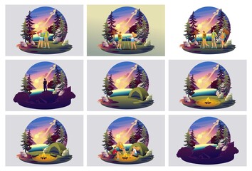 Collection of illustrations for web design, traveling with tents, songs around the campfire, beautiful nature, mountains, pine forest. 2D characters