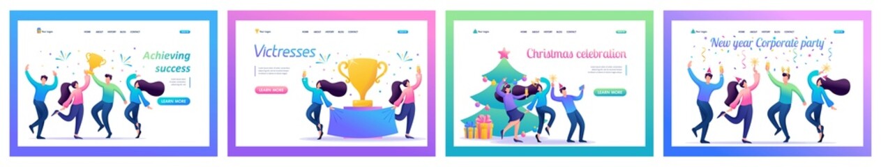 Collection of landing pages. Colleagues celebrate victory, rejoice, have fun, employees, teamwork, success. Isometric characters