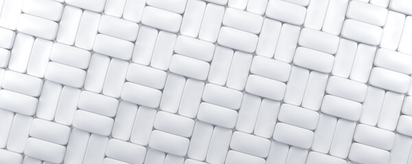 Sloped rows of white bricks or blocks. Shapes on white background, geometric pattern. 3d render background