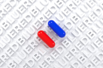 Blue and red pill on white background from letters. 3d illustration.