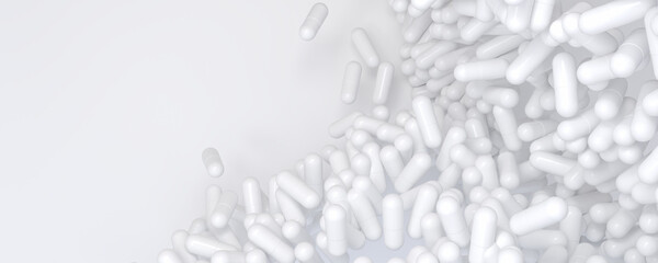 Pile of falling colored medicine pills. Healthcare and medical 3D illustration background.