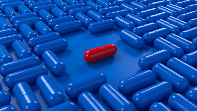Red Pill In Blue Medicines Pills Capsules Geometric Pattern Background. 3d Illustration